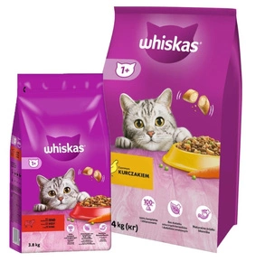 WHISKAS Adult 14kg - suché krmivo pro kočky s kuřecím masem a zeleninou & WHISKAS Adult 3,8kg - suché kompletní krmivo pro dospělé kočky s lahodným hovězím masem
