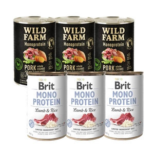 BRIT MONO PROTEIN LAMB &amp; BROWN RICE 3x400g + Wild Farm Monoprotein Pork 3x400g