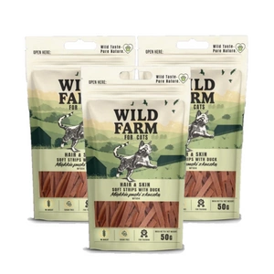 WILD FARM hair&skin měkké proužky z kachny 3x50 g pamlsek pro kočky