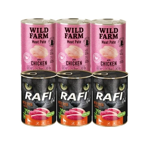 RAFI Cat Adult s kachnou 3x400g + WILD FARM Pate Chicken 3x400g – bezlepkové krmivo pro kočky