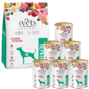 DOLINA NOTECI 4Vets Natural Hepatic sušené krmivo pro psy s onemocněním jater 1kg + mokré krmivo 6x400g