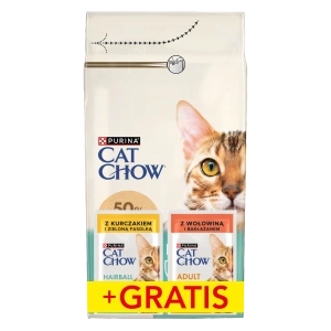 PURINA Cat Chow Hairball Krmivo bohaté na kuřecí maso 1,5 kg + 2 sáčky ZDARMA