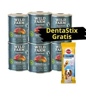 WILD FARM Superfood Wild Boar (zvěřina s batáty, bobulemi a bylinkami) 6x800g krmivo pro psy bez obilovin + DentaStix GRATIS