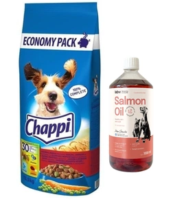 CHAPPI 13,5 kg - suché krmivo pro psy s hovězím masem, drůbeží a zeleninou + LAB V Lososový olej pro psy a kočky 1000ml