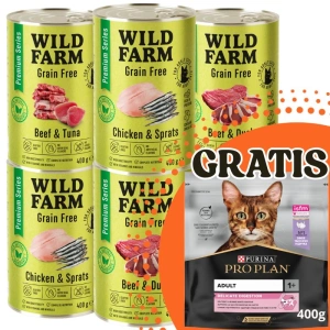 WILD FARM Premium Grain Free Mix chutí 6x400g - krmivo pro kočky bez obilovin + PRO PLAN Adult/kitten karma dla kota 400g ZDARMA