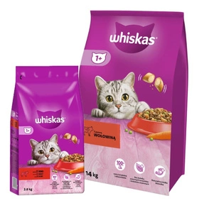 WHISKAS Adult 14kg - suché krmivo pro kočky s hovězím masem a zeleninou & WHISKAS Adult 3,8kg - suché kompletní krmivo pro dospělé kočky s lahodným hovězím masem