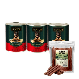 Hektor 3x1240g Hovězí + WILD FARM králičí tyčinky 500g pamlsky pro psy