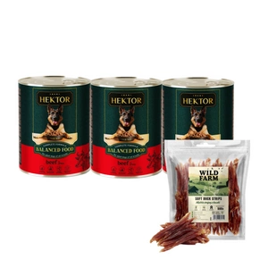 Hektor 3x1240g Hovězí + WILD FARM Měkké kachní proužky 500g pamlsky pro psy