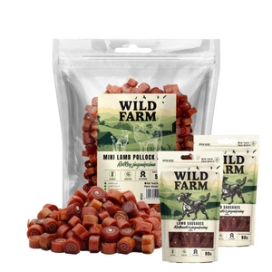 WILD FARM jehněčí rolky 500g pamlsky pro psy + WILD FARM jehněčí klobásky 2x80g