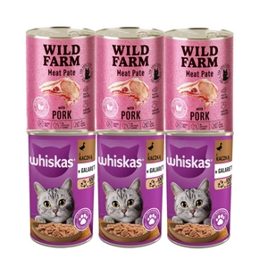 WHISKAS Adult 3x400g - vlhké krmivo s kachnou v želé + WILD FARM Pate Pork 3x400g - bezlepkové krmivo pro kočky