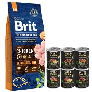 BRIT Premium By Nature Senior S+M 15kg & WILD FARM Monoprotein Mix chutí 6x400g hypoalergenní krmivo pro psy