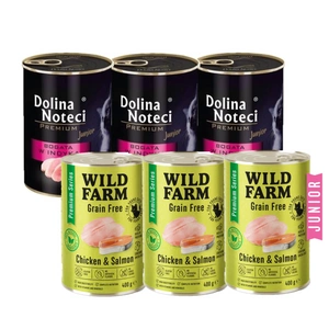 Dolina Noteci Premium Junior pro kočky s vysokým obsahem krůtího masa 3x400g + WILD FARM Premium Grain Free Chicken and Salmon 3x400g
