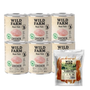 WILD FARM Pate Chicken 6x800g bezlepkové krmivo pro psy + Kuřecí prsní řízek na tyčince 500g