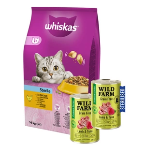 Whiskas Adult Sterile kuře 14 kg + WILD FARM Premium Grain Free Lamb and Tuna 2x400g