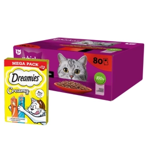 WHISKAS Adult 80 x 85 g Classic Meals - kapsičky pro kočky v omáčce (kousky s: hovězím, kuřecím, jehněčím, drůbežím) & DREAMIES Krémový s kuřecím masem a lososem 12x10g
