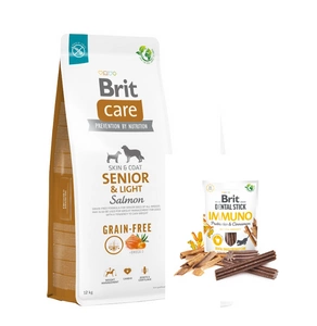 BRIT CARE Dog Grain-free Senior &amp; Light Salmon 12 kg + BRIT CARE Dog Dental Stick Immuno s probiotiky a skořicí 7 ks (251 g)