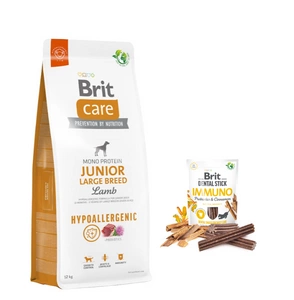 BRIT CARE Dog Hypoallergenic Junior Large Breed Lamb 12kg + BRIT CARE Dog Dental Stick Immuno with Probiotics & Cinnamon 7szt (251g)