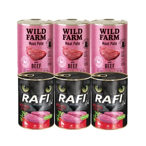 RAFI Cat Adult s telecím masem 3x400g + WILD FARM Pate Beef 3x400g - bezlepkové krmivo pro kočky