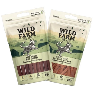 WILD FARM hovězí tyčinky s taurinem 50 g + WILD FARM hair&skin měkké proužky z kachny 50 g