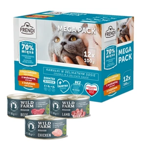 Frendi sáčky pro kočky (kuřecí/hovězí/krůtí) 12x100g + WILD FARM Mousse Mix chutí 3x85g
