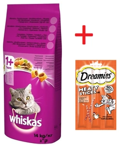 WHISKAS Adult hovězí 14 kg + DREAMIES 30g - doplňkové krmivo pro dospělé kočky s lahodným kuřecím masem GRATIS !!!