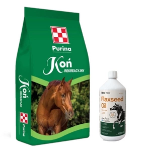 Purina Rekreační kůň 25kg + Lab-v Flaxseed Oil – 100% za studena lisovaný lněný olej pro koně 1000 ml
